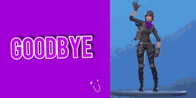a purple background with the word goodbye next to a soldier
