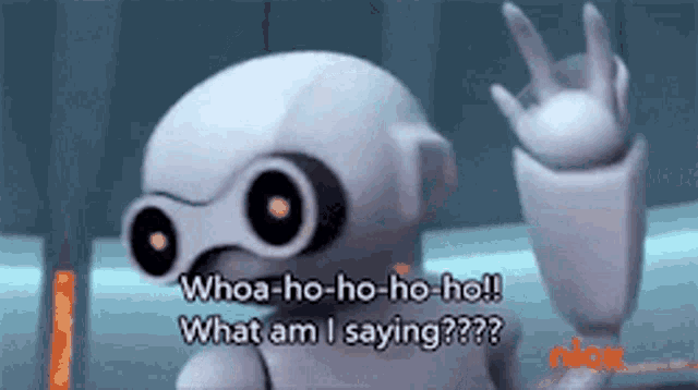 a robot is making a peace sign and saying whoa-ho-ho-ho-ho what am i saying