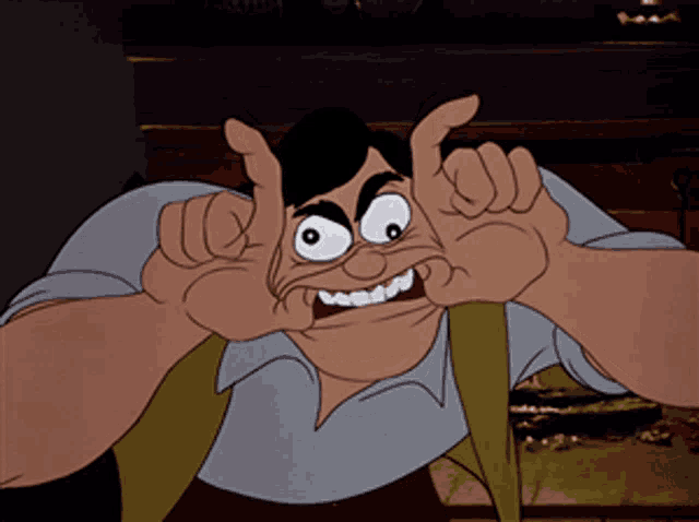 a cartoon man is making a funny face with his hands