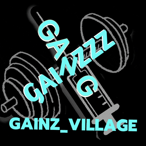 gainz village logo with a dumbbell and syringe
