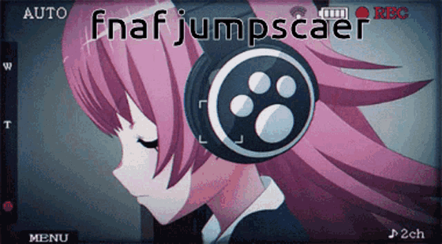 a video of a girl wearing headphones with the words fnaf jumpscaer