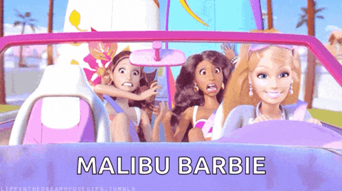 three barbie dolls are sitting in a car with the words malibu barbie written on the bottom