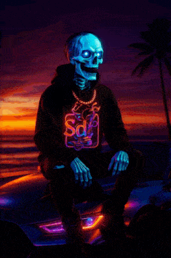 a skeleton is wearing a black hoodie with the word sd on it