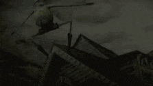 a cartoon character is standing on top of a house with a sword .