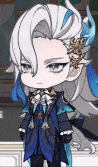 a cartoon character with white hair and blue feathers is wearing a blue and black suit .