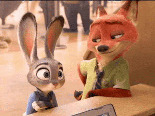 a fox and a rabbit are standing next to each other and looking at each other