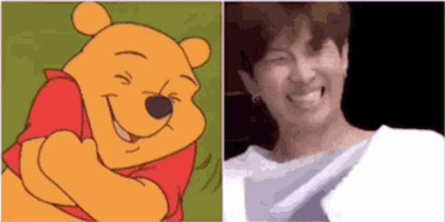 a cartoon of winnie the pooh and a picture of a man laughing .