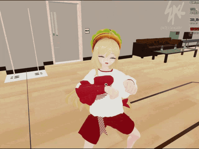 a girl with a hamburger on her head is dancing in a room with entertainment written on the wall