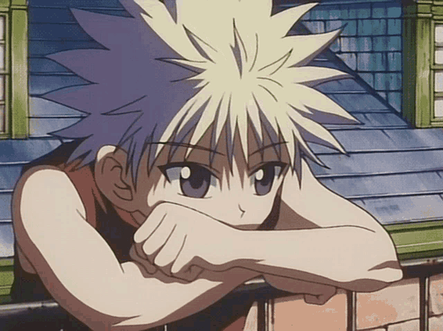 a boy with white hair and blue eyes is leaning on a railing