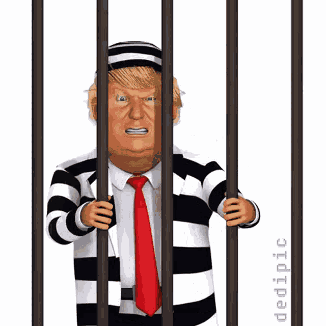 a cartoon of donald trump in a jail cell behind bars by dedipic