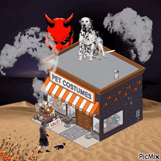 a dog is sitting on top of a pet costumes shop