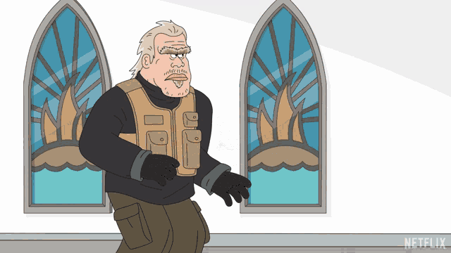 a cartoon of a man standing in front of a stained glass window with the word netflix on the bottom