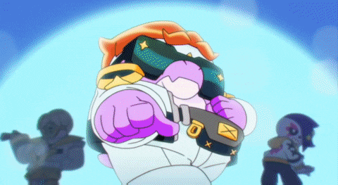 a cartoon character is wearing a purple glove with an envelope on it