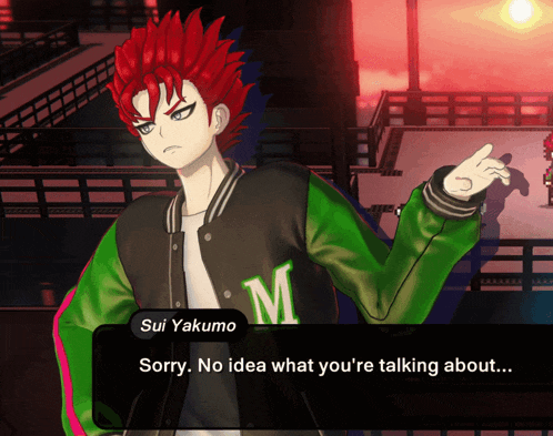 a video game character with red hair and a green jacket with the letter m on it