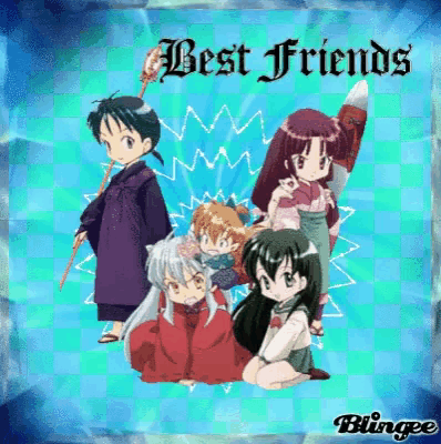 a group of anime characters on a blue background with the words " best friends " on the bottom