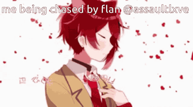a close up of a girl 's face with the words " me being chased by flan @assaultlxve "