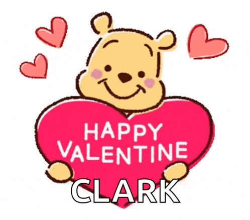 a winnie the pooh holding a heart with the words happy valentine clark on it