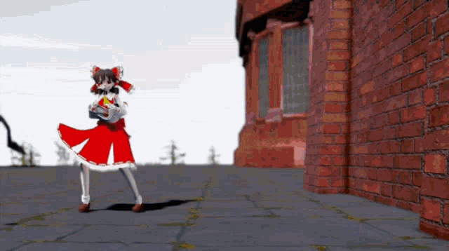 a girl in a red dress is standing in front of a red brick wall