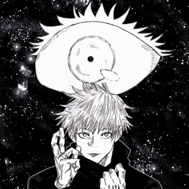 a black and white drawing of a man with a large eye on his head .