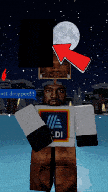 a man in an aldi shirt is standing in the snow