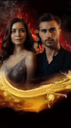 a man and a woman are standing next to each other in front of a fire