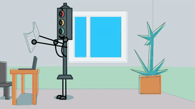 a cartoon drawing of a traffic light reading a paper