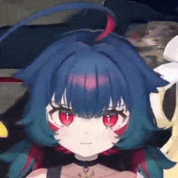 a close up of a girl 's face with red eyes and blue hair .