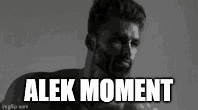 a black and white photo of a man with a beard and the words " alek moment " on the bottom