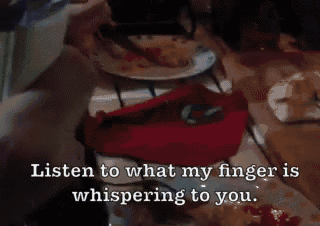 a close up of a person 's face with a quote that says listen to what my finger is whispering to you