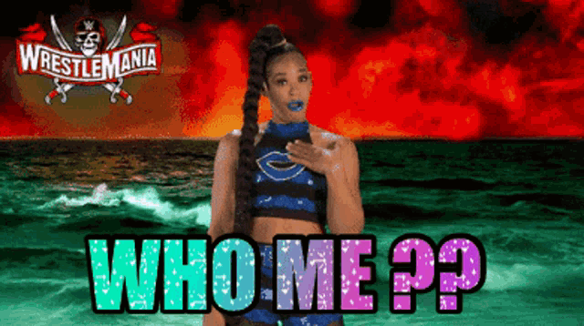 a woman is standing in front of a wrestlemania poster