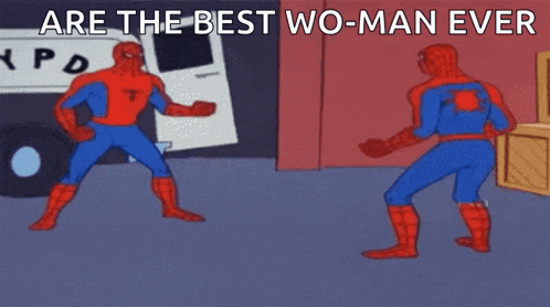 a cartoon of two spider-man standing next to each other with the caption " are the best wo-man ever "