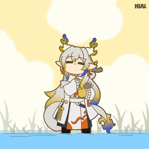 a cartoon drawing of a girl with antlers and the word kuu on the bottom right