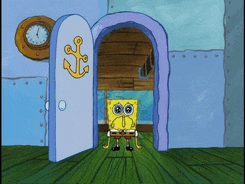 a cartoon of spongebob in front of a door with an anchor on it
