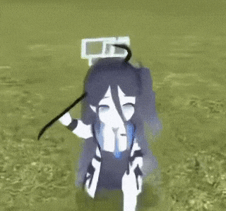 a cartoon girl with long black hair is standing in the grass holding a stick .