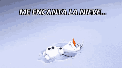 a snowman is laying in the snow with the words me encanta la nieve above it