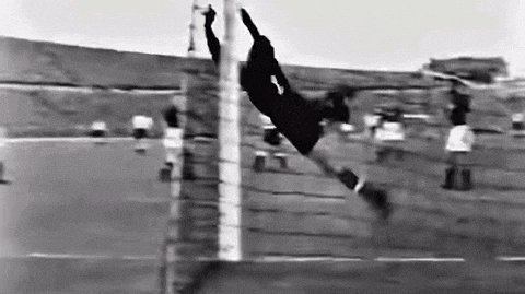 a black and white photo of a person hanging from a pole .