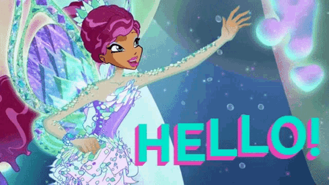 a girl in a fairy costume says hello in pink letters