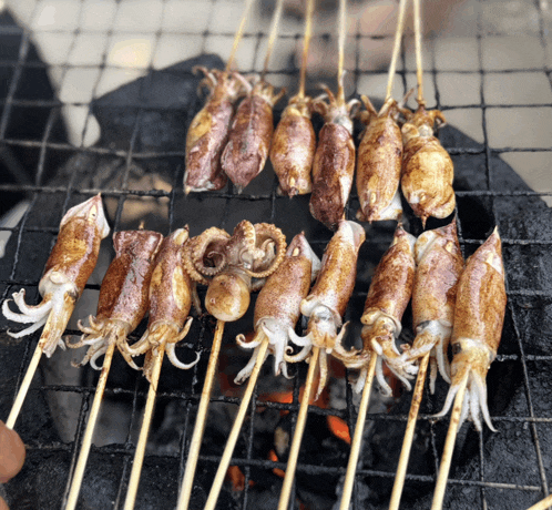 a bunch of squids are cooking on a grill