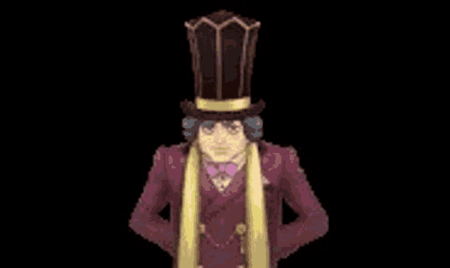 a man wearing a top hat and a scarf is standing in front of a black background .