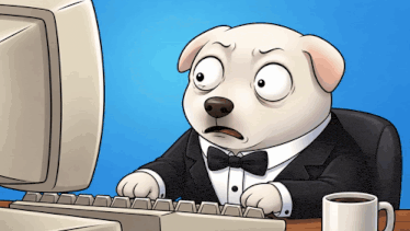 a dog in a tuxedo is typing on a keyboard next to a cup of coffee