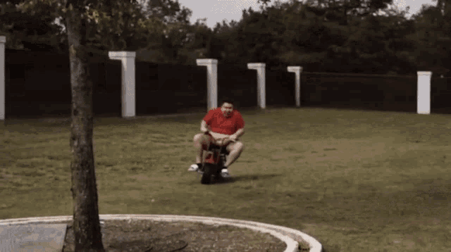 a man in a red shirt is riding a small motorcycle in a park
