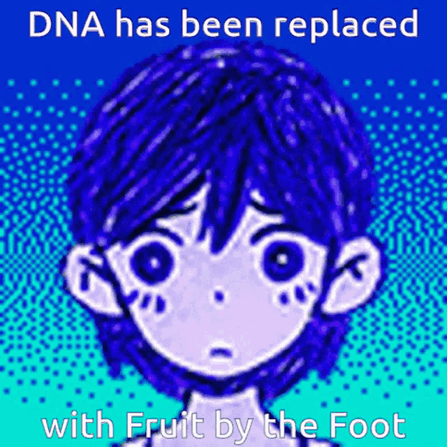 a drawing of a boy with blue hair and the words " dna has been replaced with fruit by the foot "