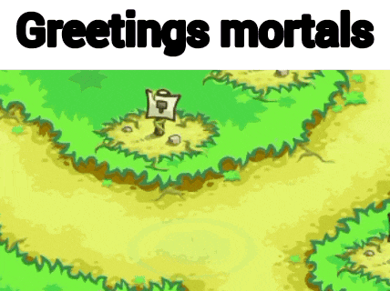 a cartoon drawing of a field with the words greetings mortals above it