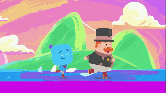 a cartoon drawing of a man in a top hat standing next to a blue character