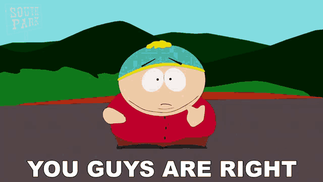 a cartoon character from south park is standing on a road