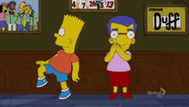 bart simpson and mike wazowski are standing in front of a duff beer sign