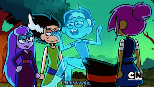 a group of cartoon characters are standing next to each other and one says there 's me