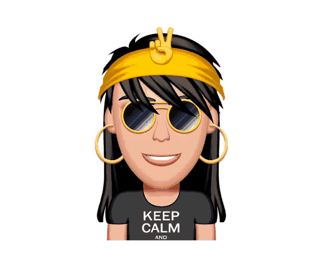 a woman wearing sunglasses and a headband with a peace sign on it says keep calm and