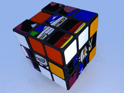 a colorful rubik 's cube with a picture of a face on it