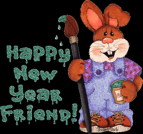 a picture of a bunny holding a brush with the words happy new year friend below it